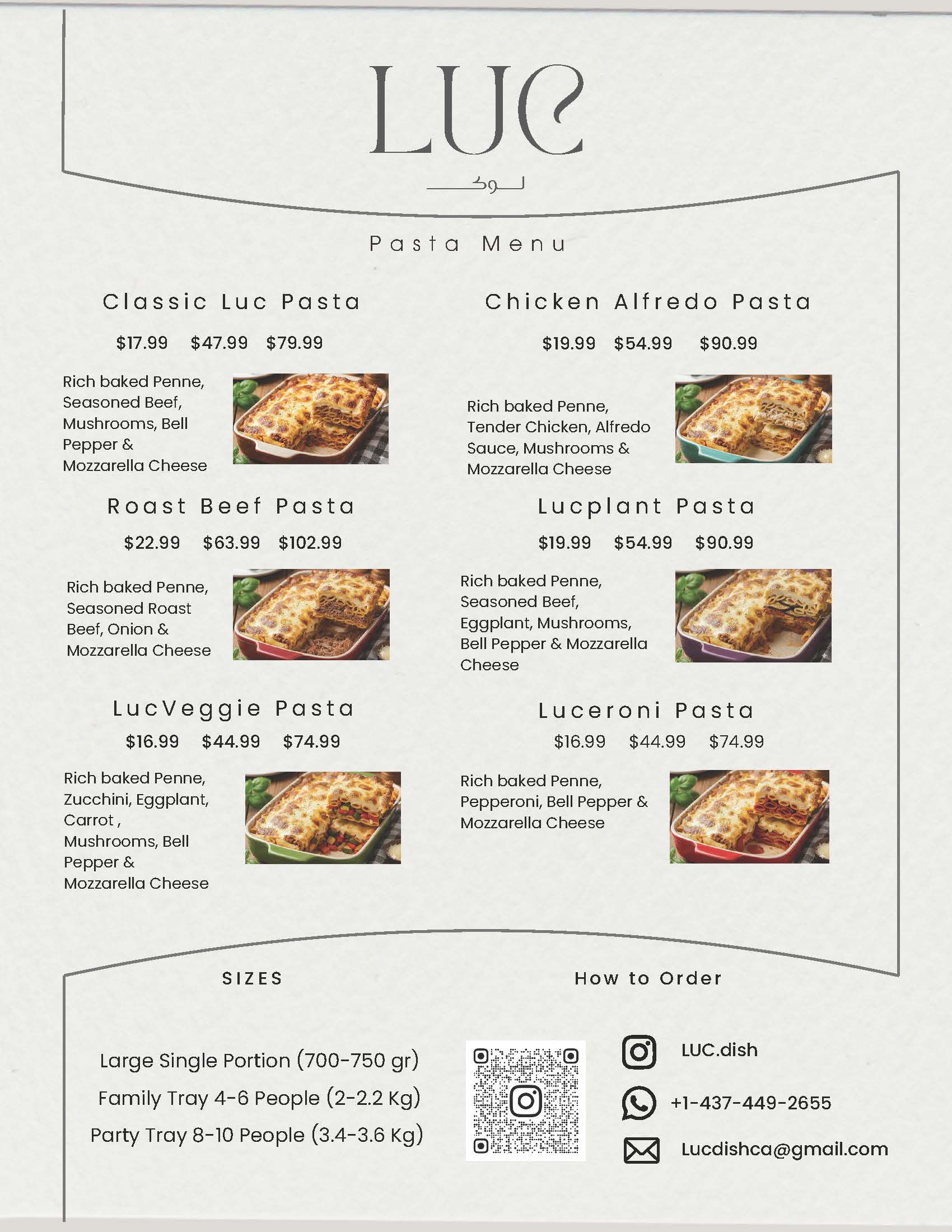 Pasta Luc Menu